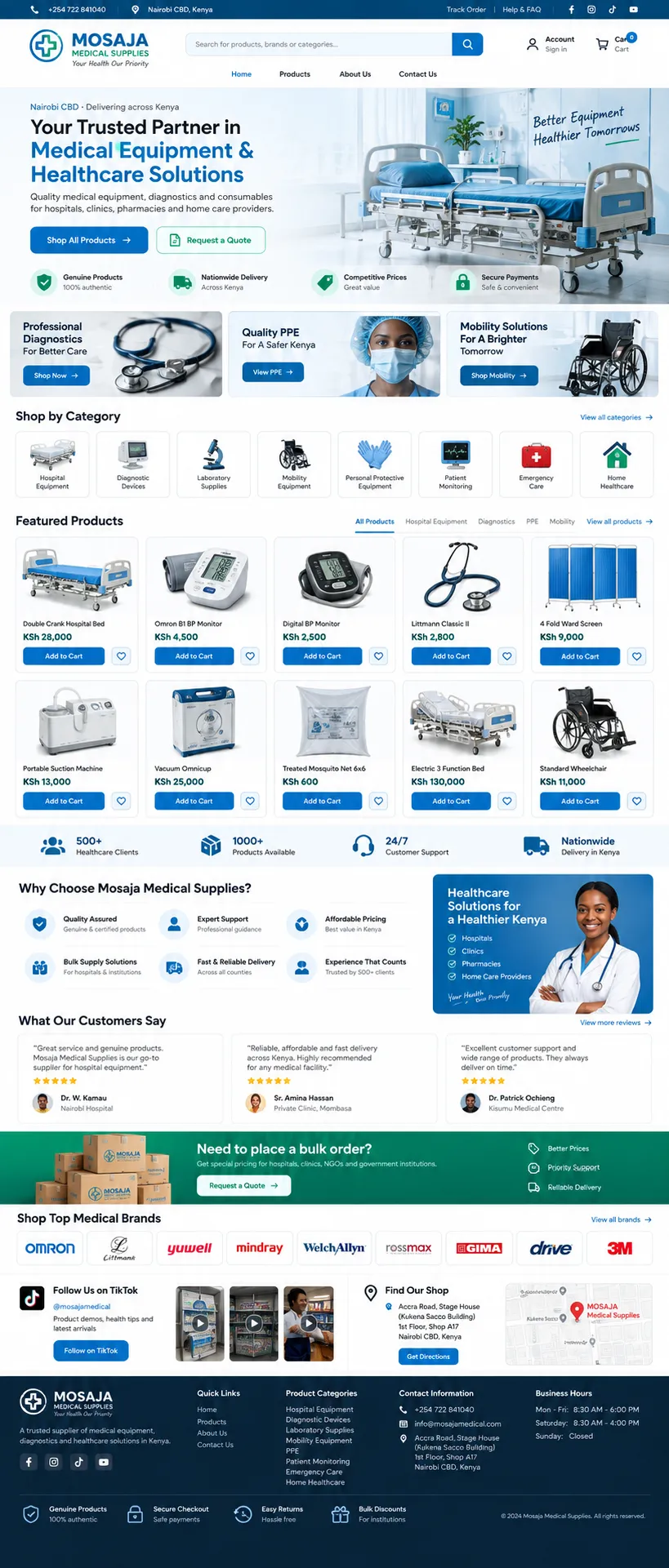 Mosaja Medical Supplies online store in blue and white with a medical equipment hero, shop by category, featured products priced in KSh, bulk order quote banner, top medical brands and shop location