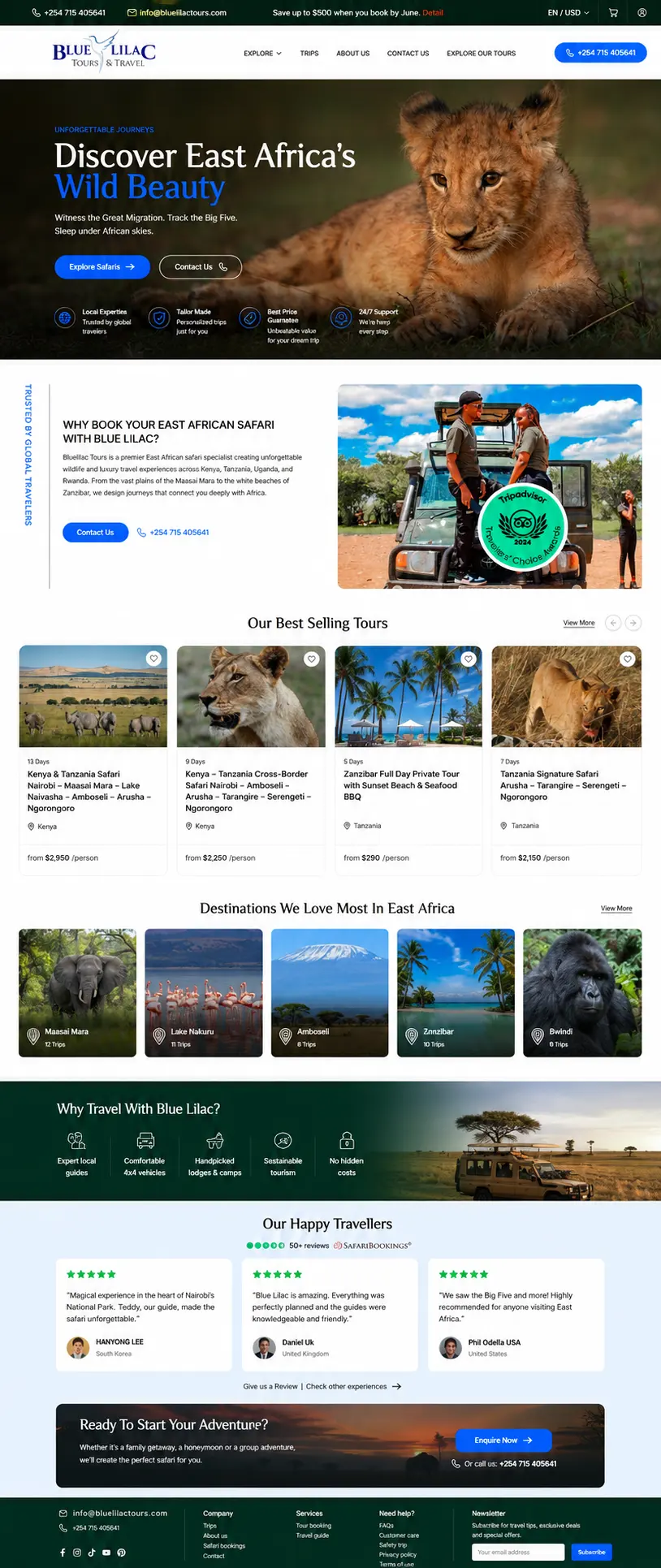 Blue Lilac Tours safari website with a lion cub hero image, best-selling East Africa tours and per-person pricing from 2,150 US dollars