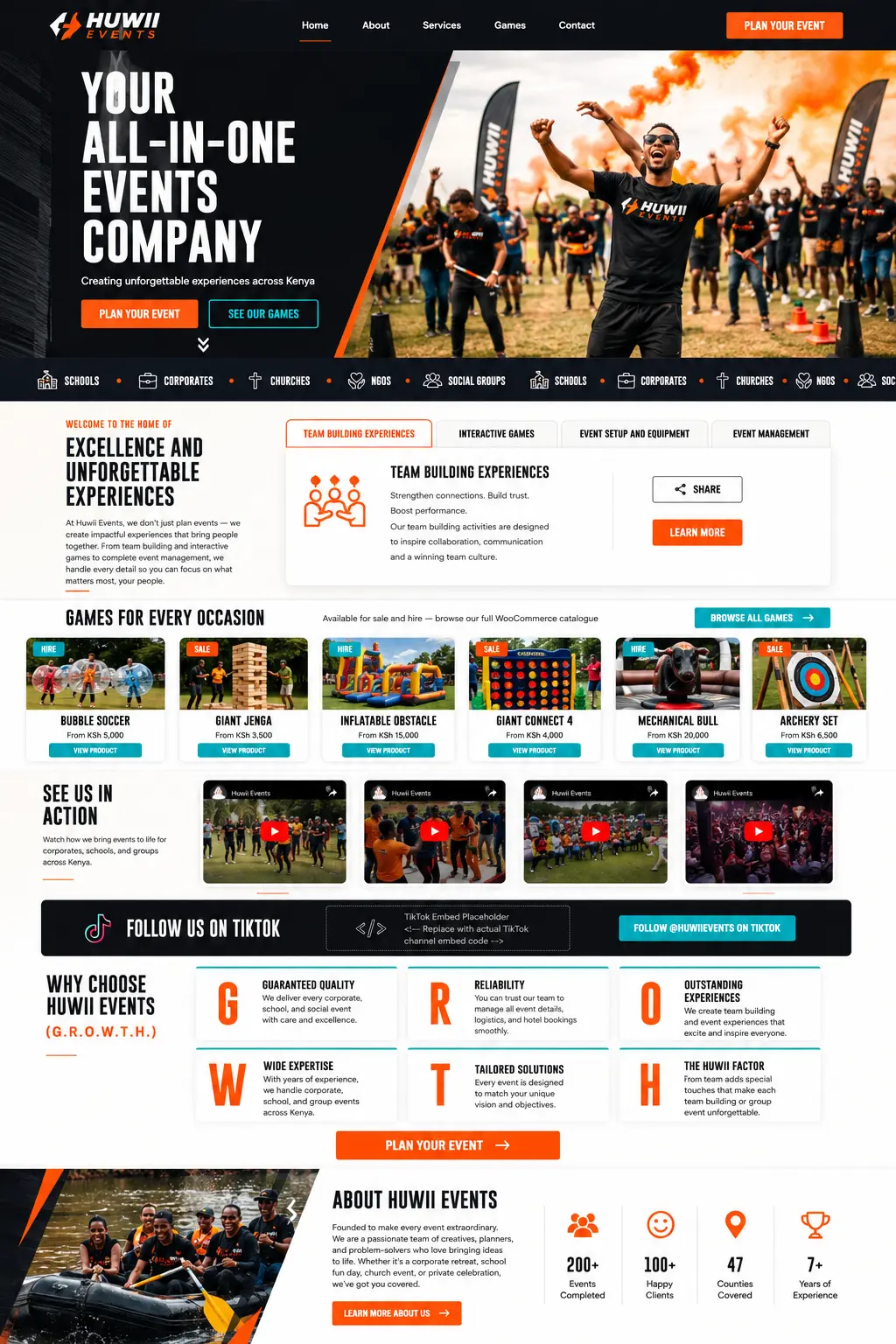 Huwii Events homepage with orange and black branding, team building services and a games catalogue showing hire and sale prices in KSh