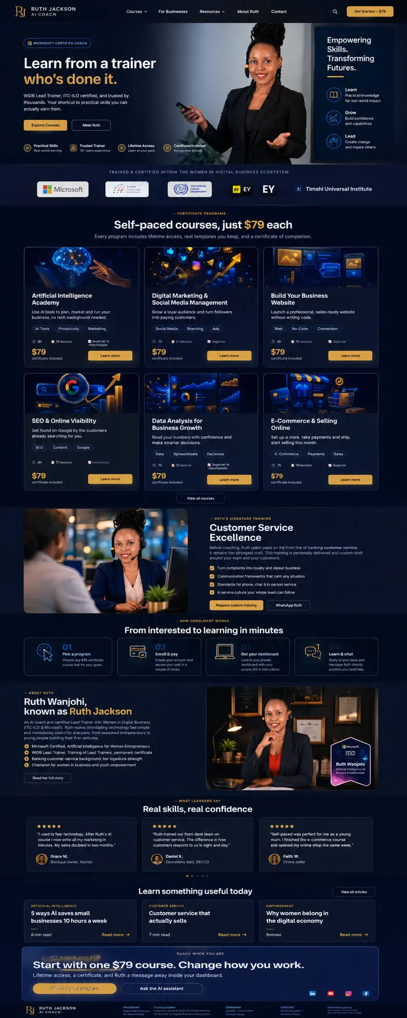 Ruth Jackson AI Coach course platform in navy and gold, with self-paced 79 dollar certificate programs and a customer service excellence section