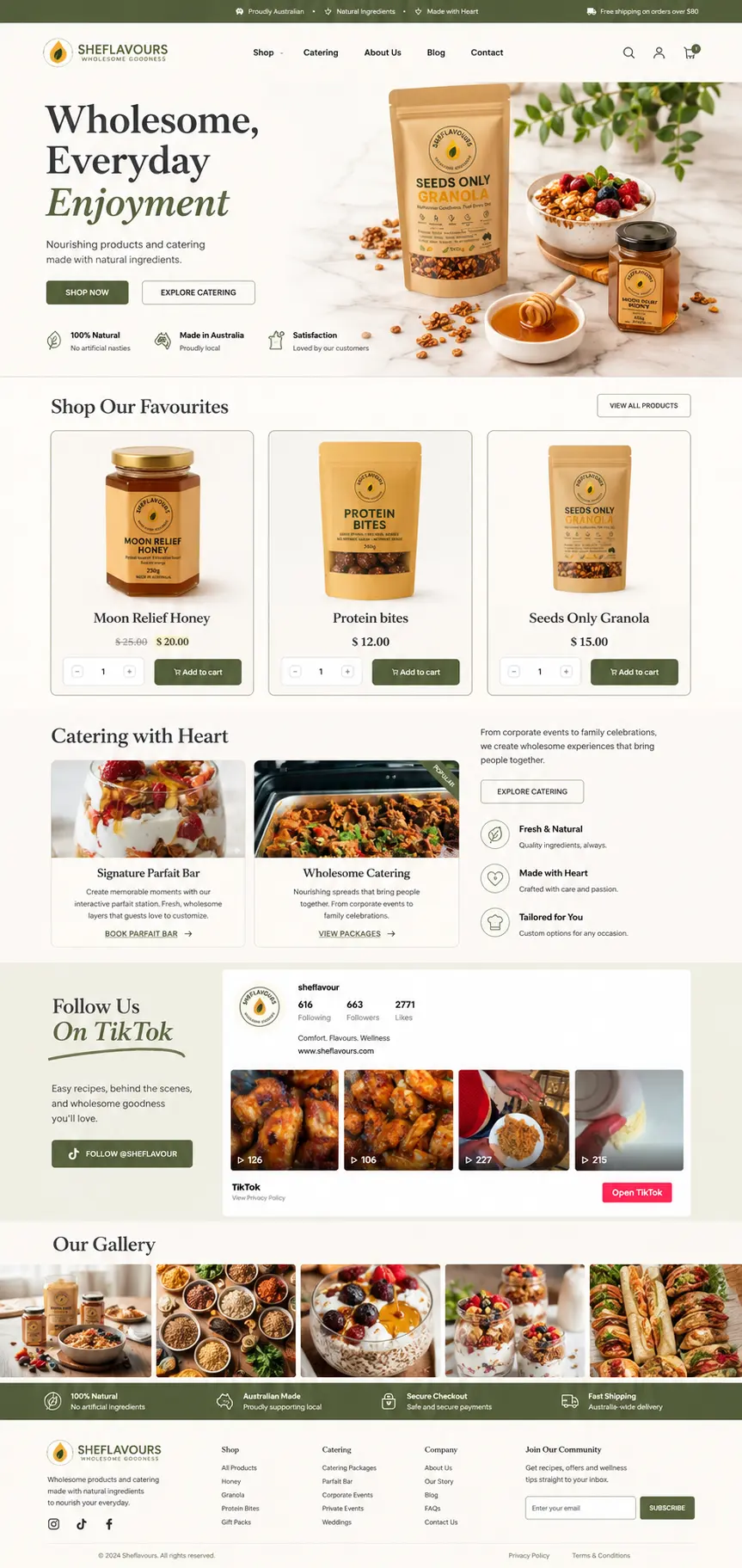 SheFlavours wholesome food store with honey and granola products, a catering section and an embedded TikTok feed