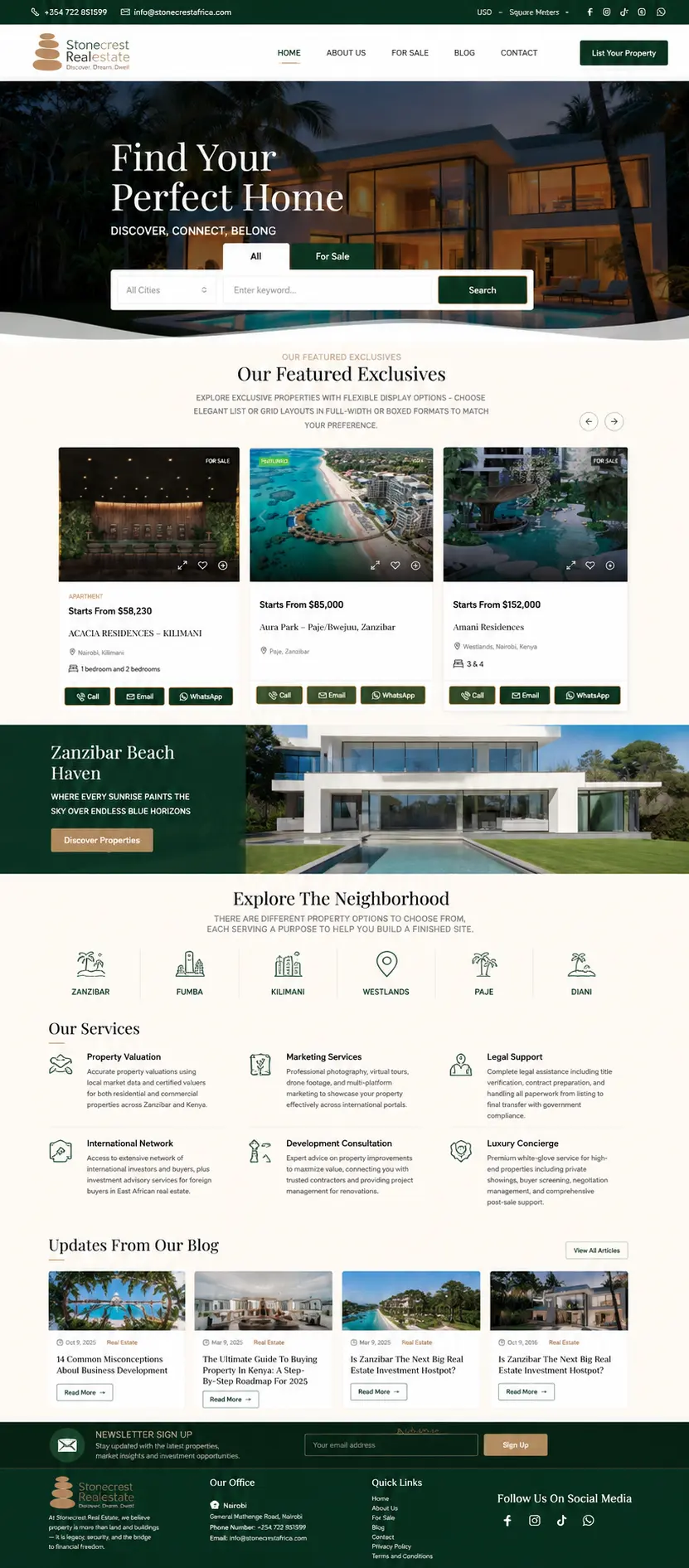 Stonecrest Real Estate website with a modern villa hero, featured exclusive properties in Nairobi and Zanzibar and starting prices in US dollars
